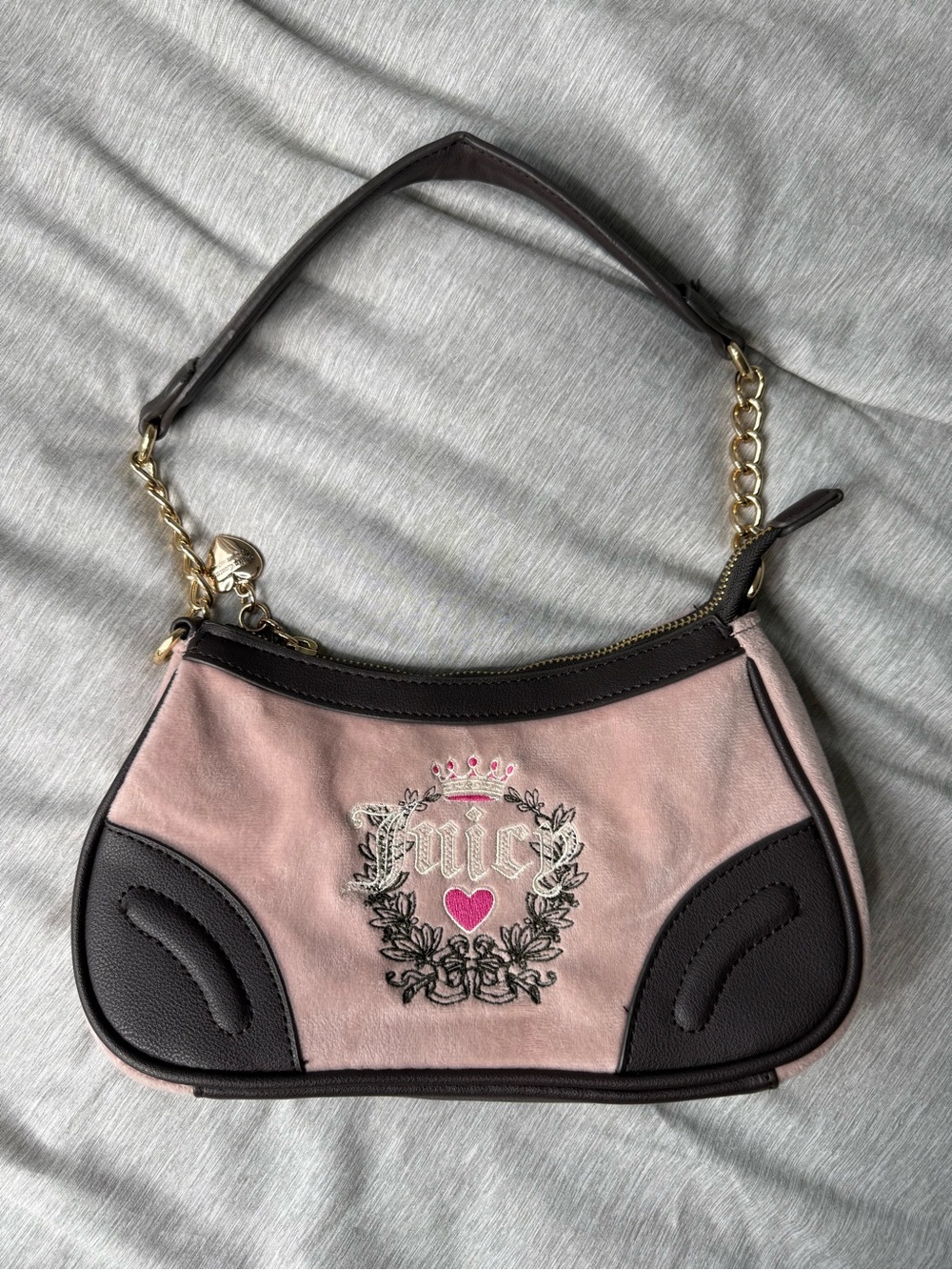 Juicy Couture Pink Suede Shoulder Bag with Dark Brown Trim and Gold Chain